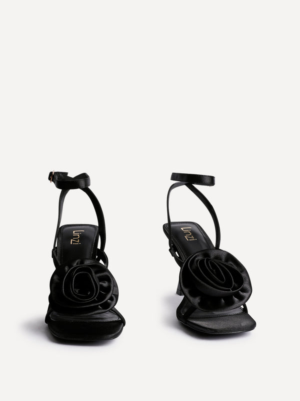 Linzi Black Satin Stiletto Heeled Sandals With Flower Detail