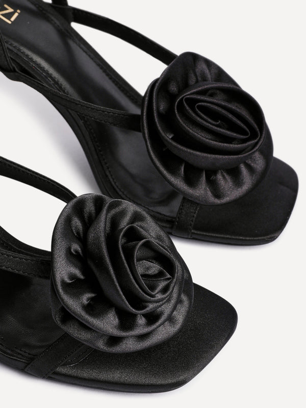 Linzi Black Satin Stiletto Heeled Sandals With Flower Detail