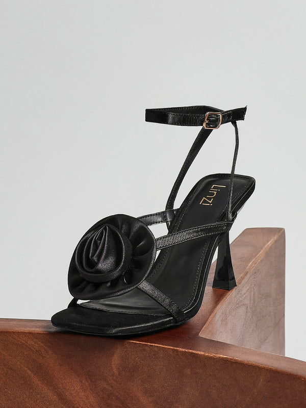 linzi Black Satin Stiletto Heeled Sandals With Flower Detail