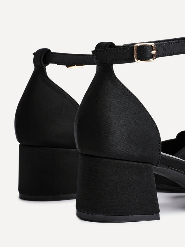 Linzi Black Scuba Low Block Court Heel With Bow Detail