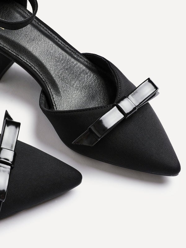 Linzi Black Scuba Low Block Court Heel With Bow Detail