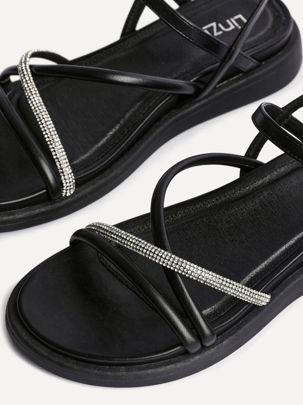 Linzi Black Strappy Footbed Sandal With Diamante Detail