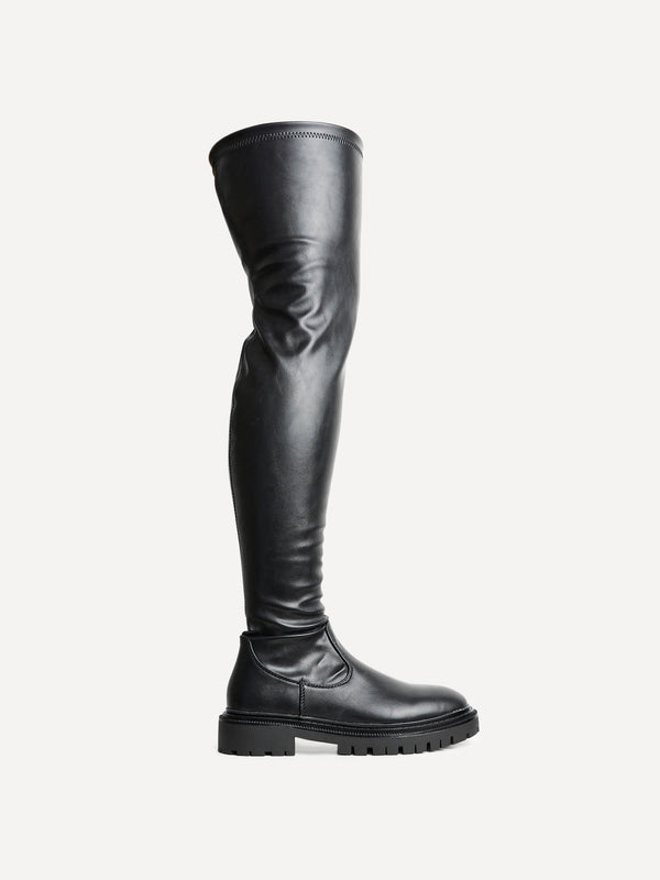 Linzi Black Stretch Faux Leather Over The Knee Long Boot With Chunky Sole
