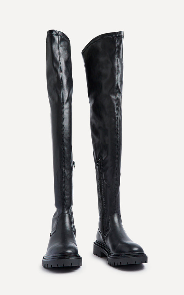 Linzi Black Stretch Faux Leather Over The Knee Long Boot With Chunky Sole