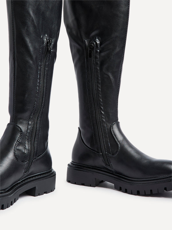 Linzi Black Stretch Faux Leather Over The Knee Long Boot With Chunky Sole