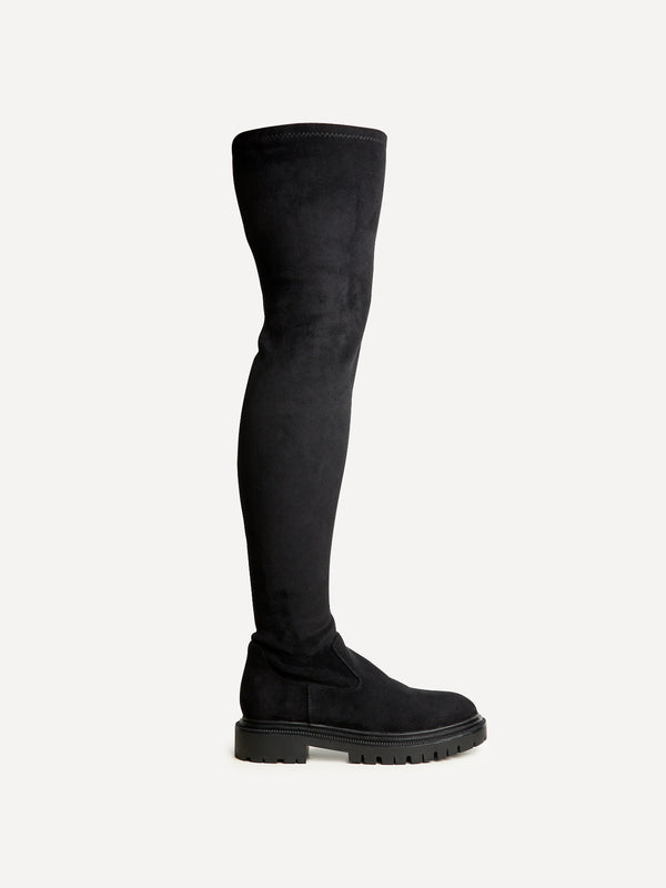 Linzi Black Stretch Faux Suede Over The Knee Long Boot With Chunky Sole