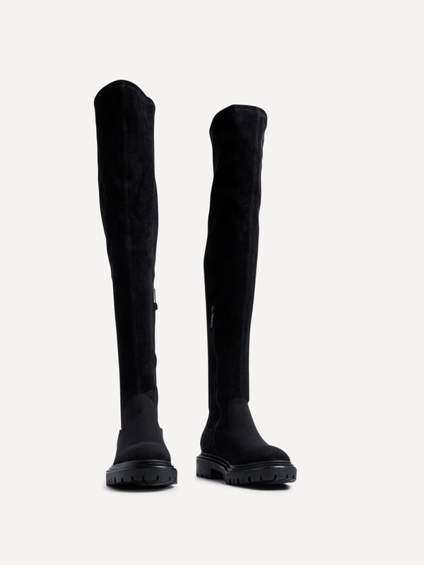 Linzi Black Stretch Faux Suede Over The Knee Long Boot With Chunky Sole