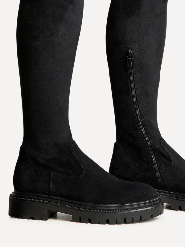 Linzi Black Stretch Faux Suede Over The Knee Long Boot With Chunky Sole