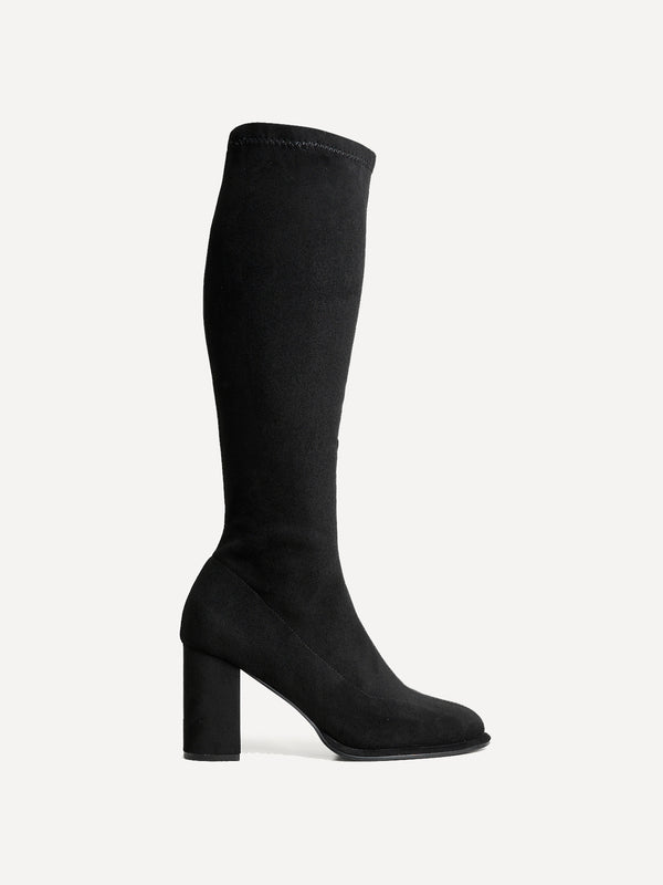 Linzi Black Stretch Suede Long Block Heeled Boot With Round Toe