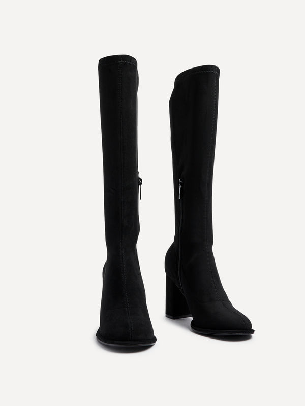 Linzi Black Stretch Suede Long Block Heeled Boot With Round Toe