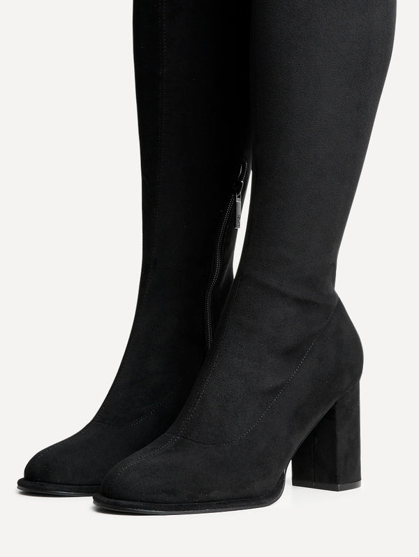 Linzi Black Stretch Suede Long Block Heeled Boot With Round Toe