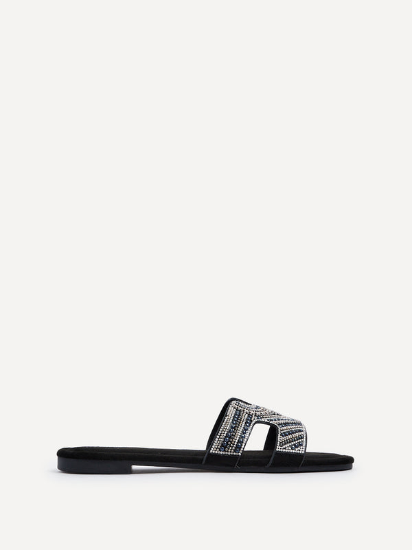Linzi Black Suede Aztec Design Embellished Slider Sandal