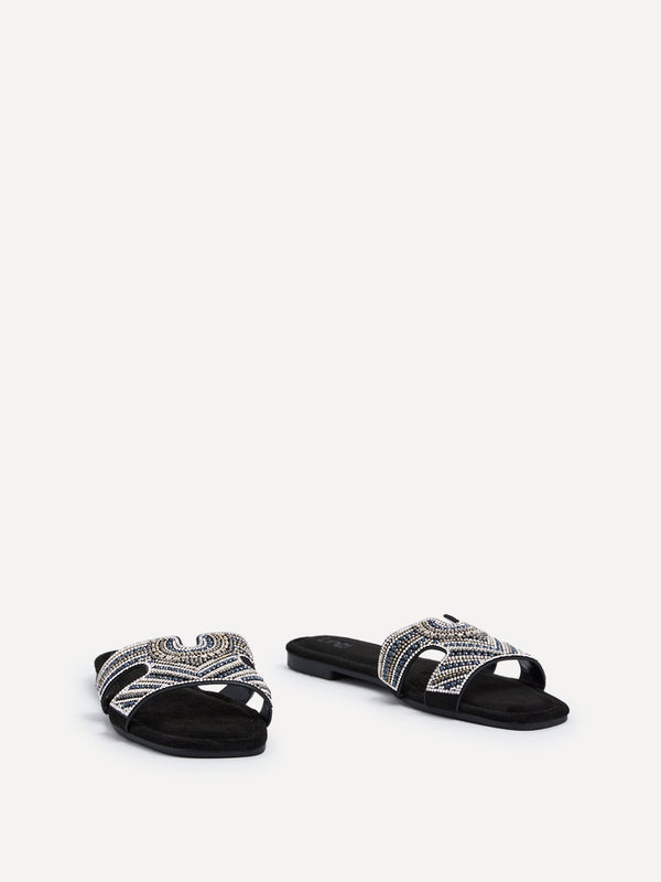 Linzi Black Suede Aztec Design Embellished Slider Sandal