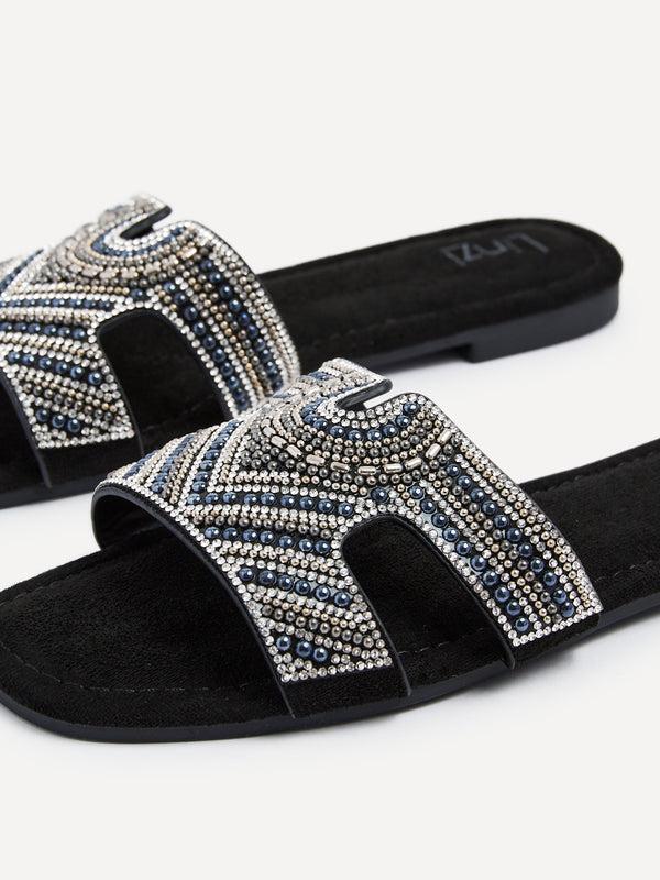 Linzi Black Suede Aztec Design Embellished Slider Sandal