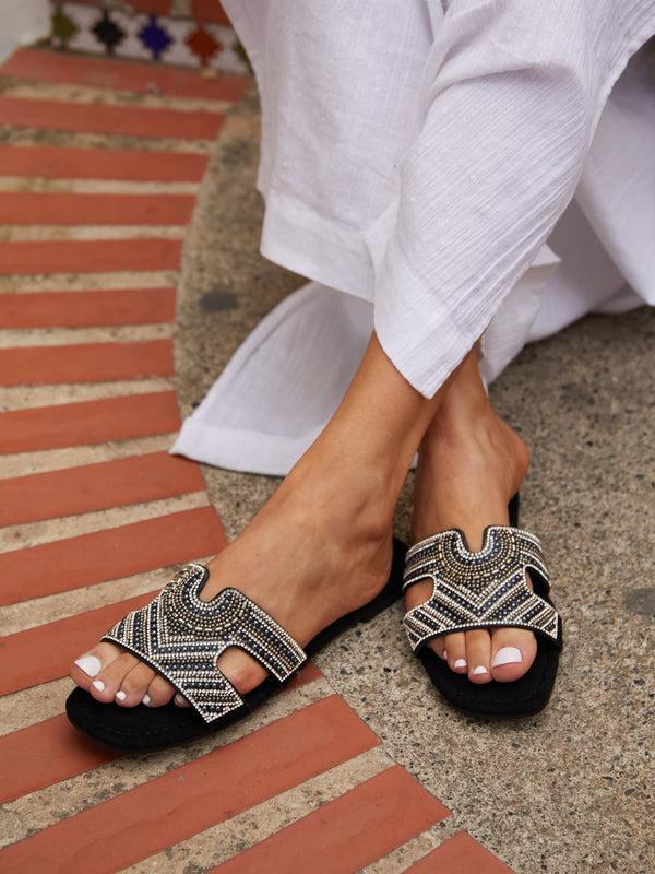 linzi Black Suede Aztec Design Embellished Slider Sandal