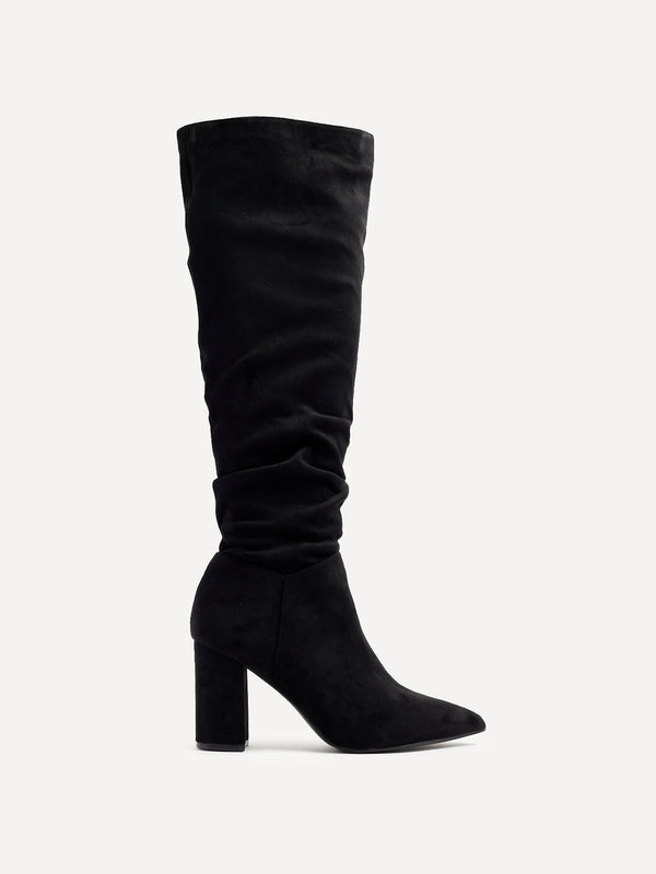 Linzi Black Suede Block Heel Knee High Ruched Boot With Pointed Toe