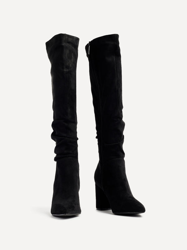 Linzi Black Suede Block Heel Knee High Ruched Boot With Pointed Toe