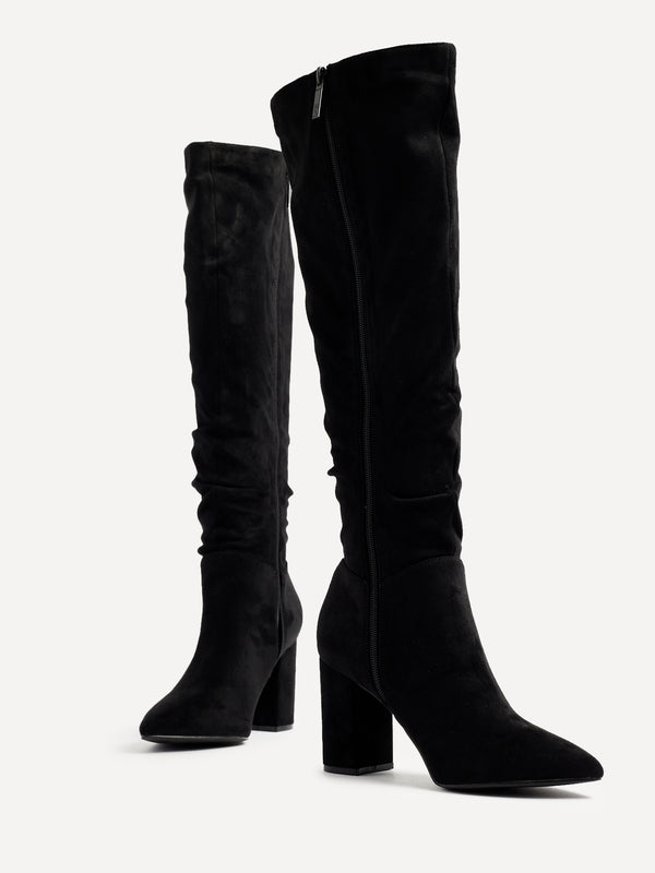 Linzi Black Suede Block Heel Knee High Ruched Boot With Pointed Toe