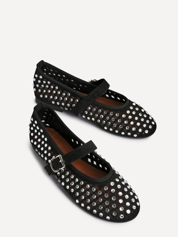 Linzi Black Suede Diamante Embellished Ballet Pumps
