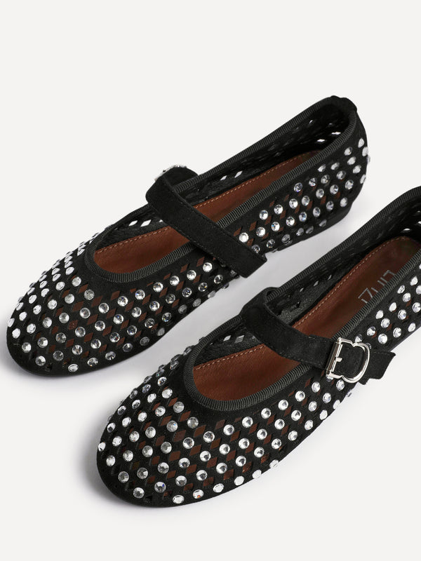Linzi Black Suede Diamante Embellished Ballet Pumps