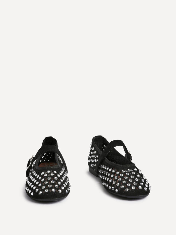 Linzi Black Suede Diamante Embellished Ballet Pumps