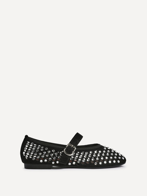 linzi Black Suede Diamante Embellished Ballet Pumps