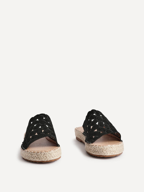 Linzi Black Suede Floral Espadrille Flatform Slider