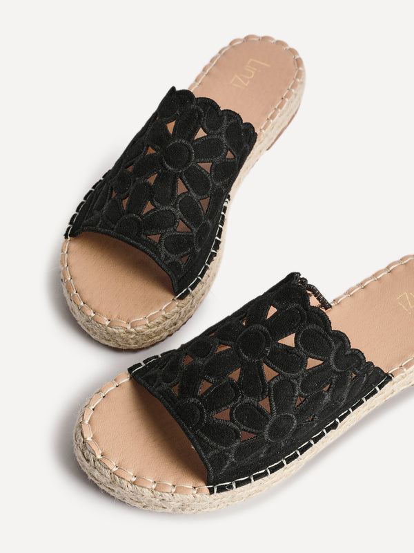 Linzi Black Suede Floral Espadrille Flatform Slider