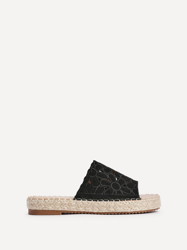 Linzi Black Suede Floral Espadrille Flatform Slider