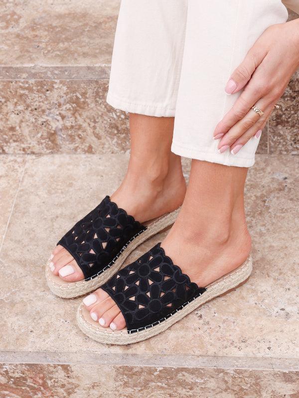 linzi Black Suede Floral Espadrille Flatform Slider