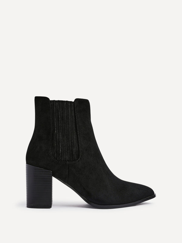 Linzi Black Suede Pointed Toe Stacked Blook Heeled Boot