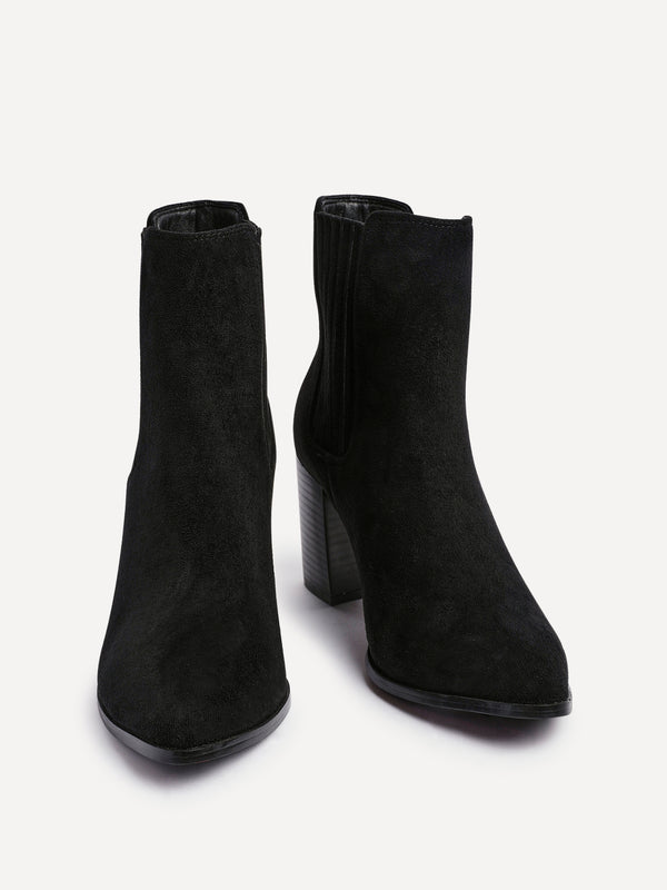 Linzi Black Suede Pointed Toe Stacked Blook Heeled Boot