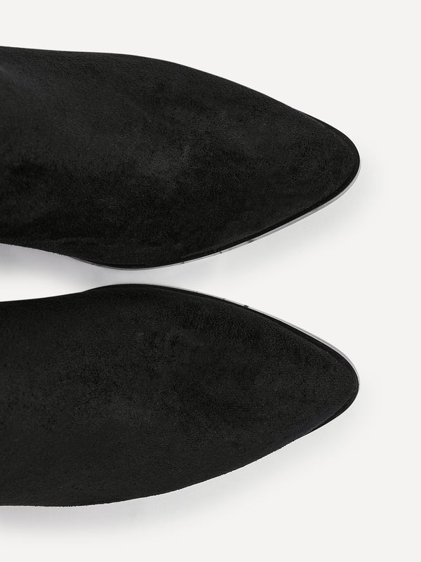 Linzi Black Suede Pointed Toe Stacked Blook Heeled Boot