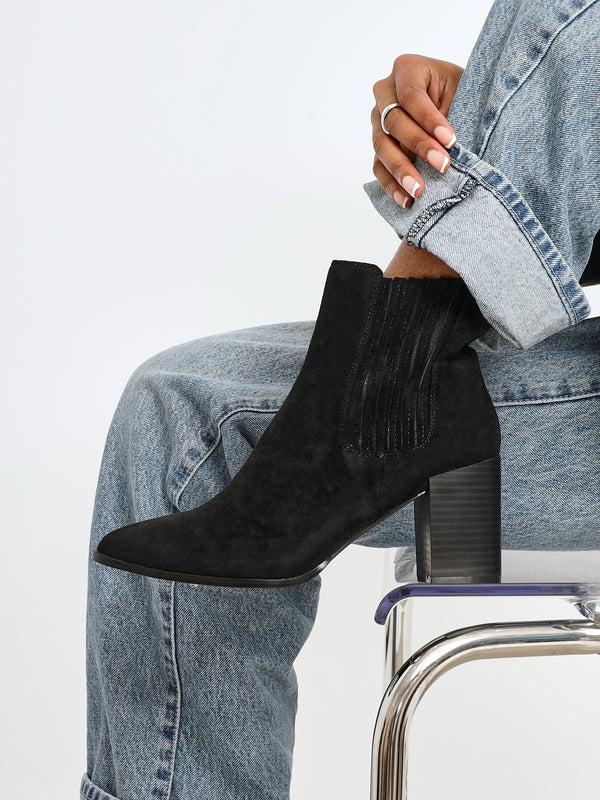 linzi Black Suede Pointed Toe Stacked Blook Heeled Boot