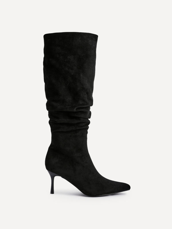Linzi Black Suede Ruched High Leg Heeled Boot With Pointed Toe