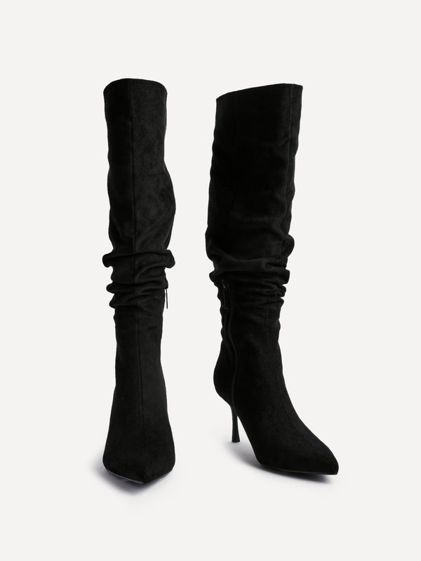 Linzi Black Suede Ruched High Leg Heeled Boot With Pointed Toe