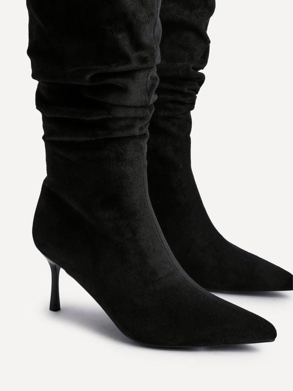Linzi Black Suede Ruched High Leg Heeled Boot With Pointed Toe