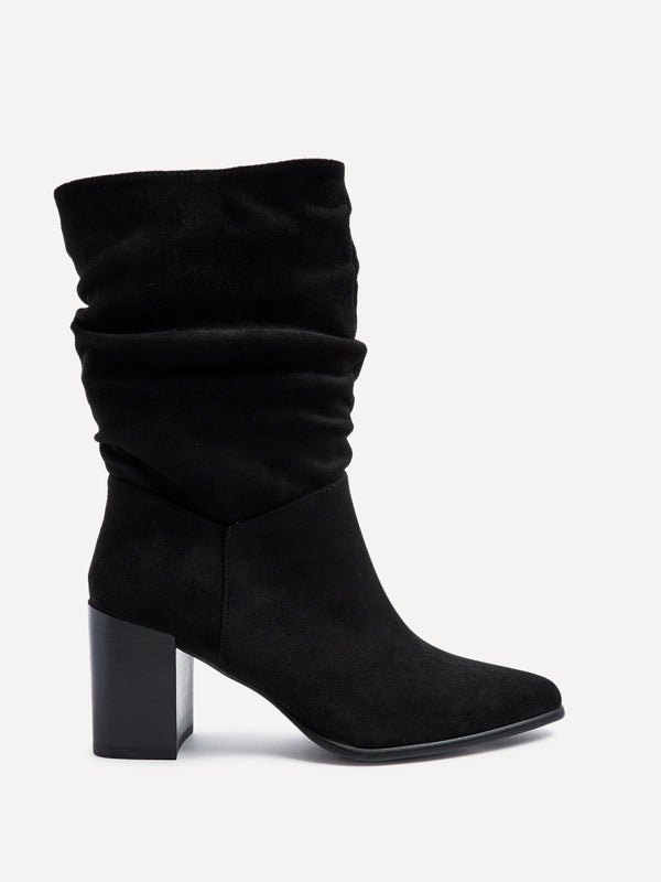Linzi Black Suede Western Style Ruched Boot With Leather Stacked Heel