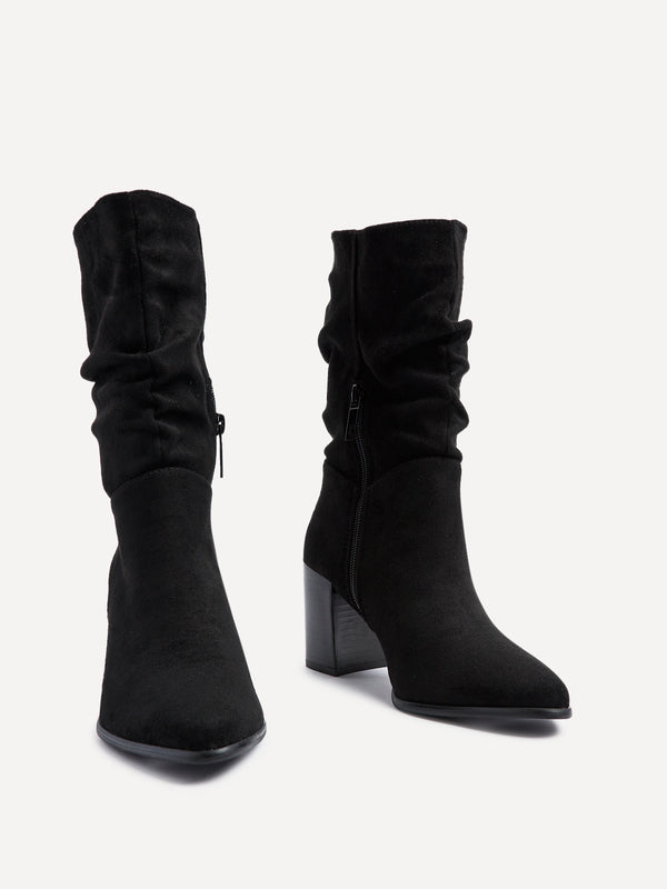 Linzi Black Suede Western Style Ruched Boot With Leather Stacked Heel