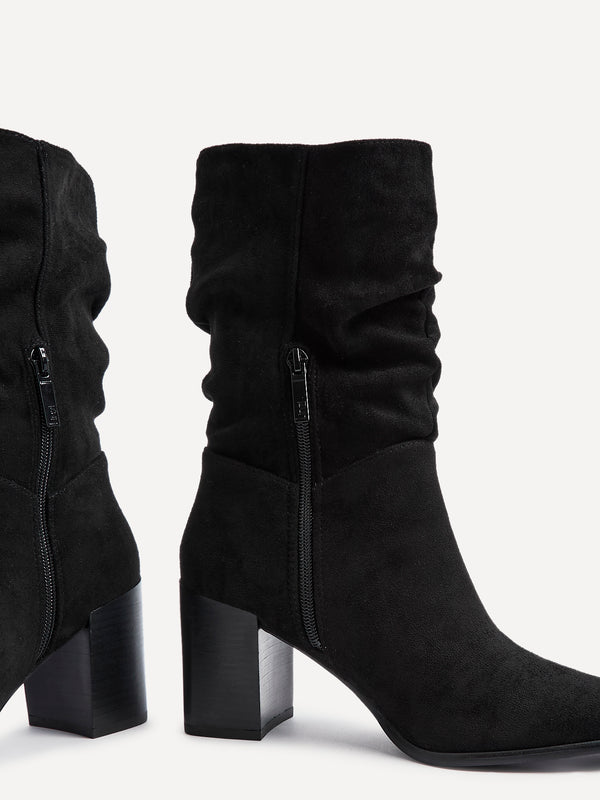 Linzi Black Suede Western Style Ruched Boot With Leather Stacked Heel