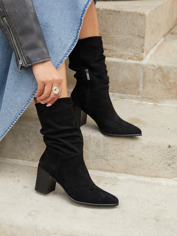 linzi Black Suede Western Style Ruched Boot With Leather Stacked Heel