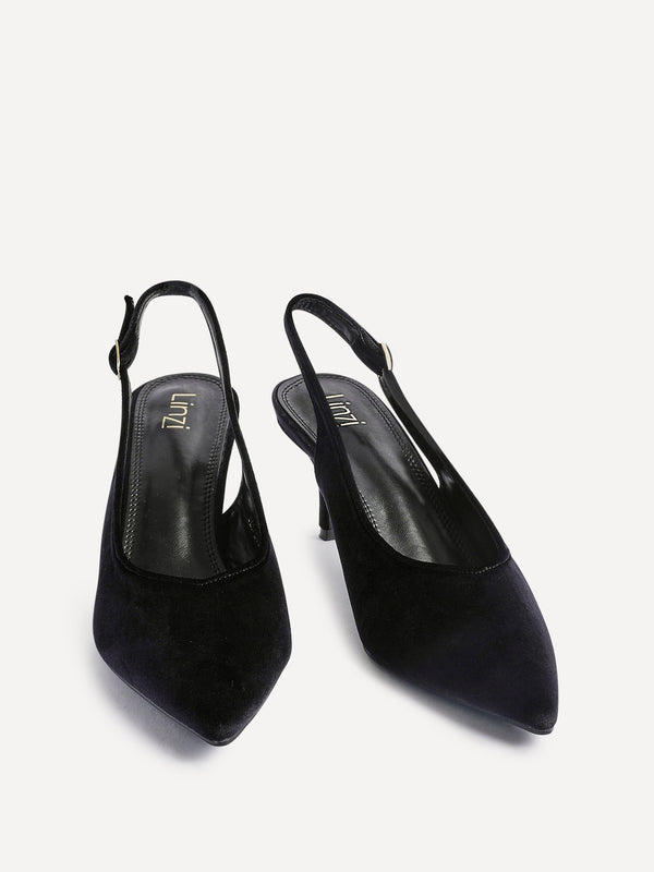 Linzi Black Velvet Pointed Slingback Stiletto Court Heels