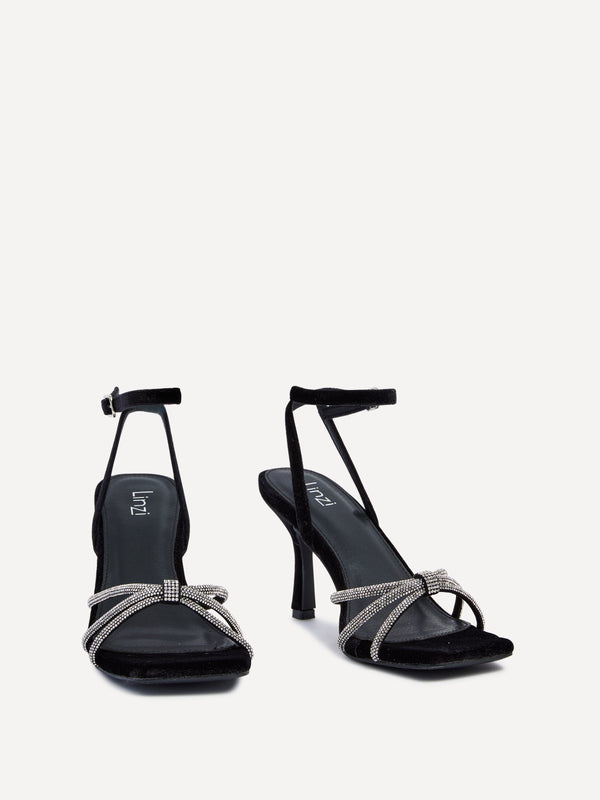 Linzi Black Velvet Stiletto Heeled Sandal With Diamante Knot Detail