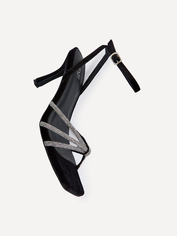 Linzi Black Velvet Stiletto Heeled Sandal With Diamante Knot Detail