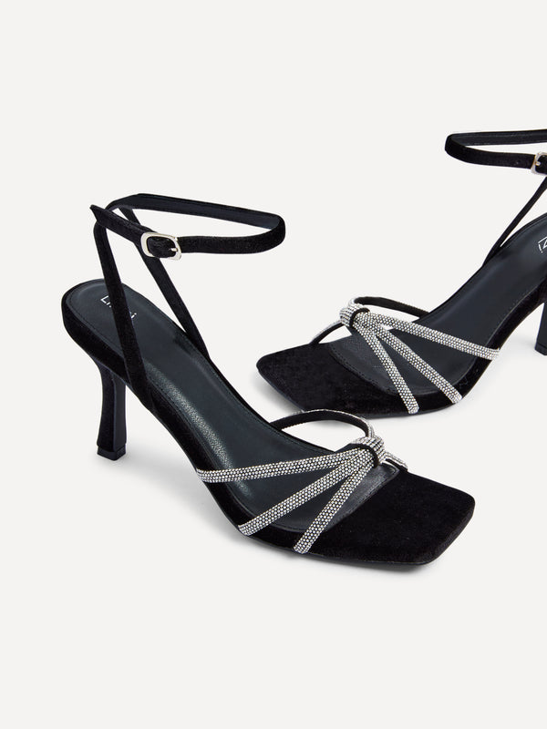 Linzi Black Velvet Stiletto Heeled Sandal With Diamante Knot Detail