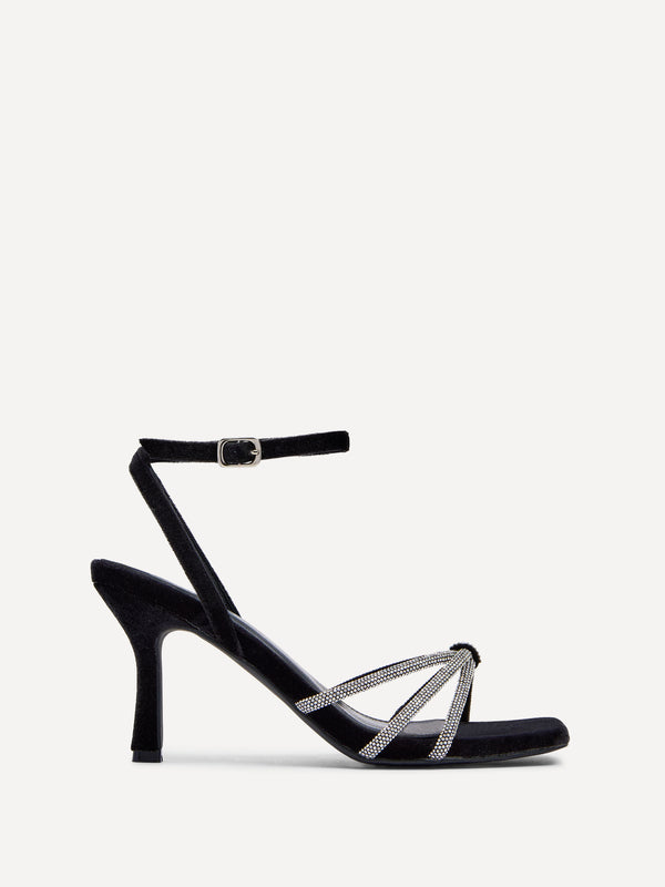 linzi Black Velvet Stiletto Heeled Sandal With Diamante Knot Detail