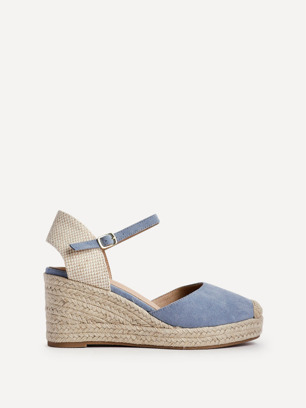 Linzi Blue Faux Suede Closed-Toe And Open Back Espadrille Wedge