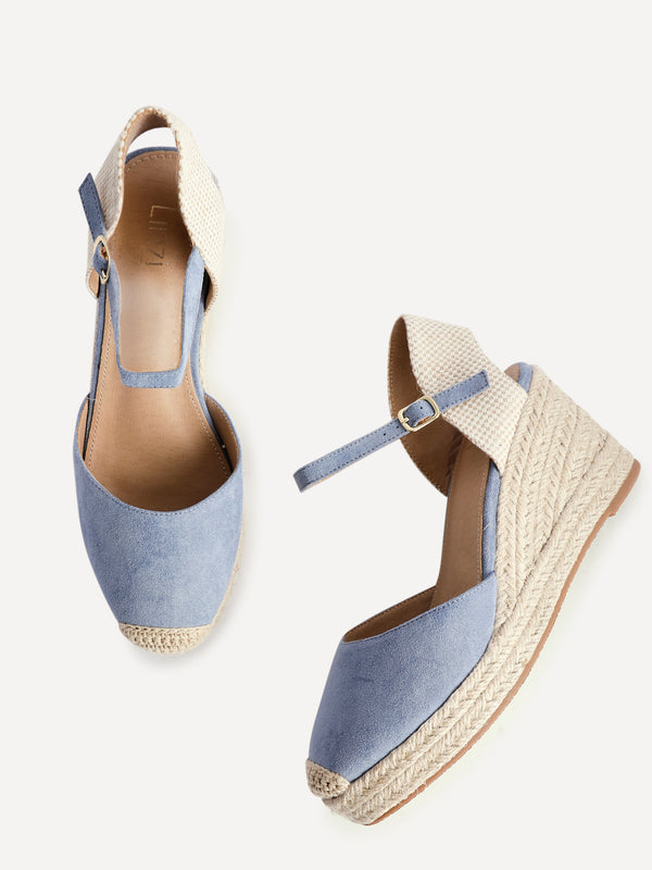 Linzi Blue Faux Suede Closed-Toe And Open Back Espadrille Wedge