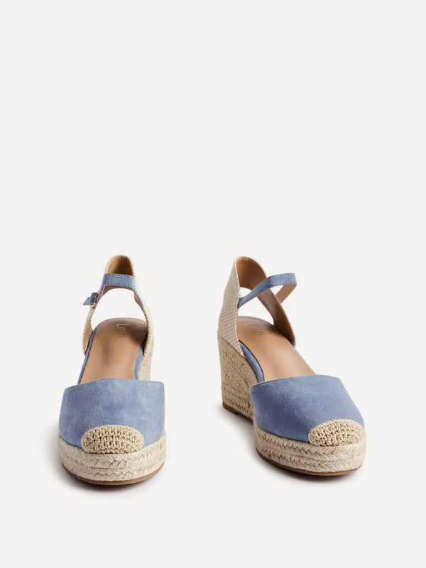 Linzi Blue Faux Suede Closed-Toe And Open Back Espadrille Wedge