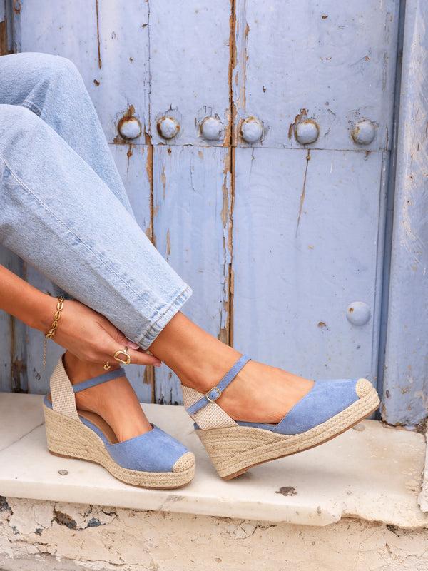 linzi Blue Faux Suede Closed-Toe And Open Back Espadrille Wedge